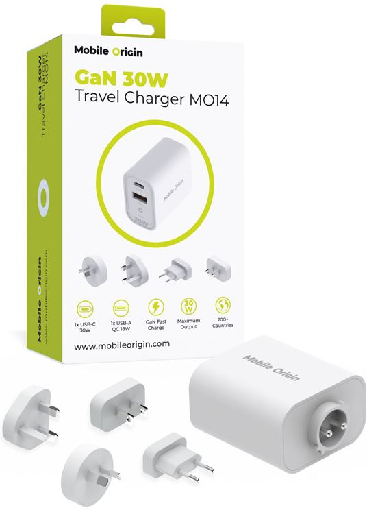 Mobile Origin GaN 30W Rejseadapter - EU, USA, UK, AUS - Hvid