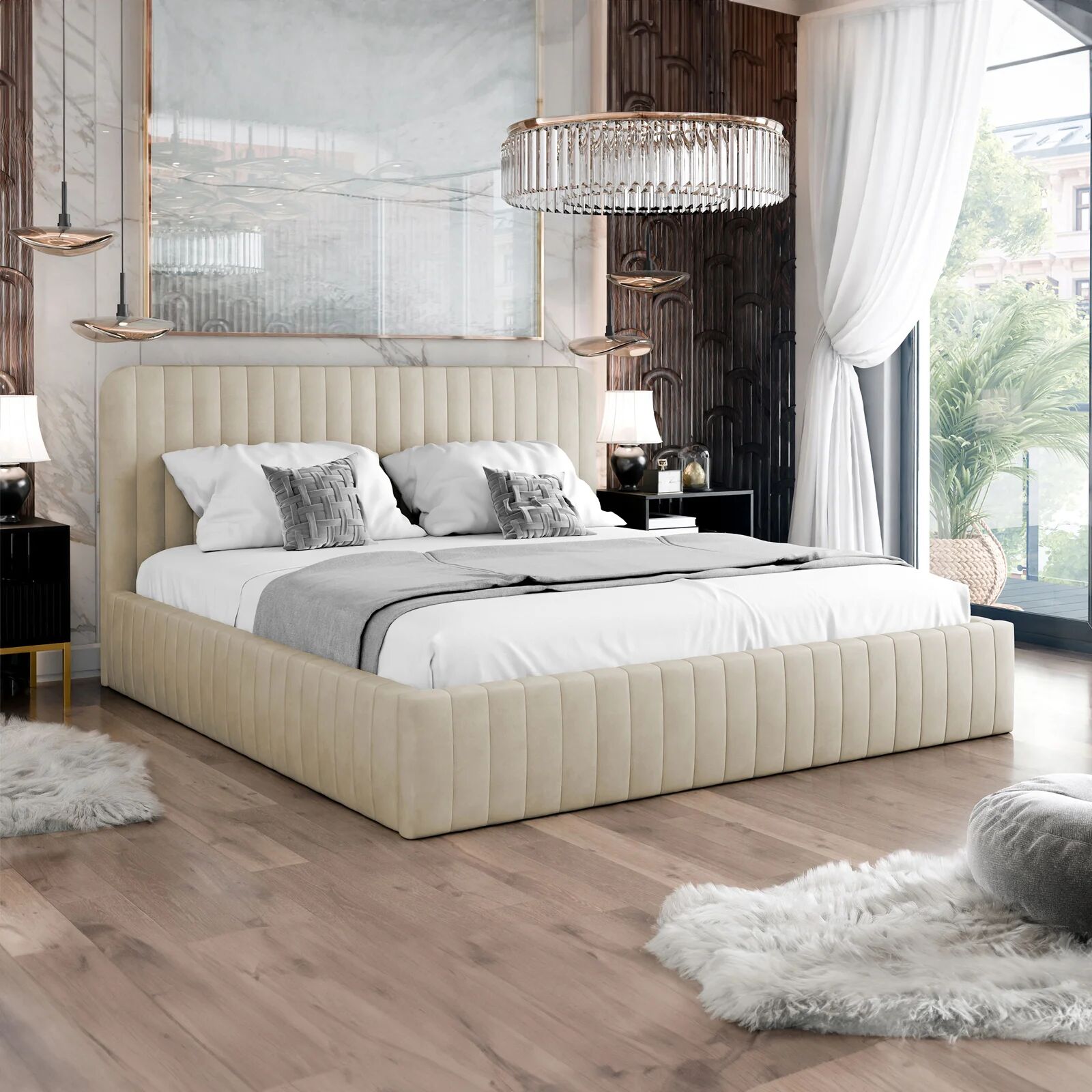 garneroarredamenti Letto contenitore matrimoniale 160x200 imbottito velluto beige Poffi