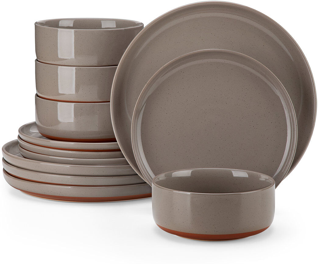 MALACASA 12 Pcs Ceramic Dinnerware Set, Plate And Bowls With Non Slip Base, White Stoneware With Specks, Dinner Plates, Dessert Plates And Bowls For 4 Person, Brown 12