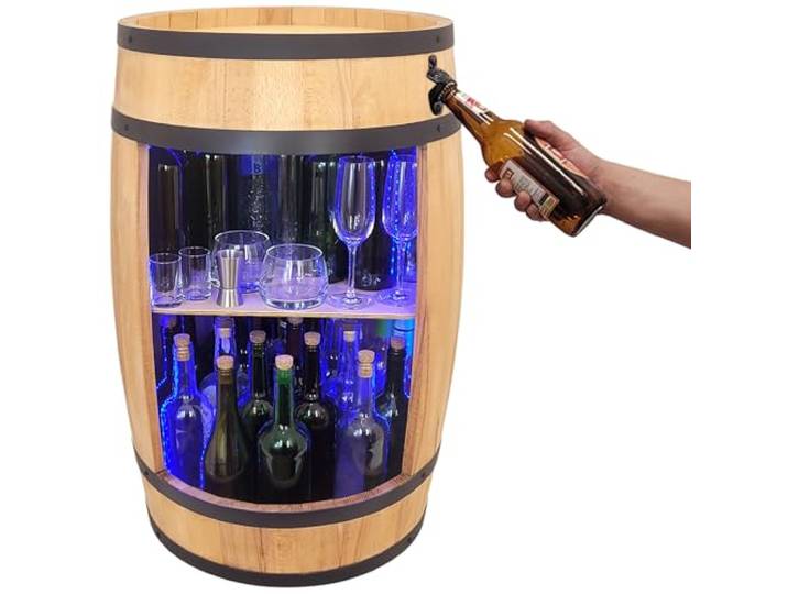 Fassbar LED mit Flaschenöffner - Holzfass - Fass Regal Getränkeschrank Bar Rack. Aufbewahrungsschrank. Fass deko für Holzregal Wein, Whisky Bier Gläser und Flaschen (Hellbraun/Eiche)