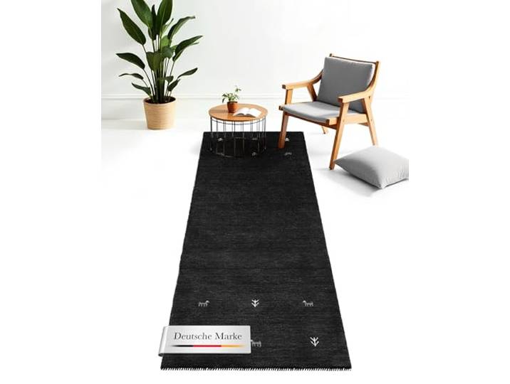carpetfine Wollteppich Gabbeh Uni Läufer 75x200 cm Schwarz
