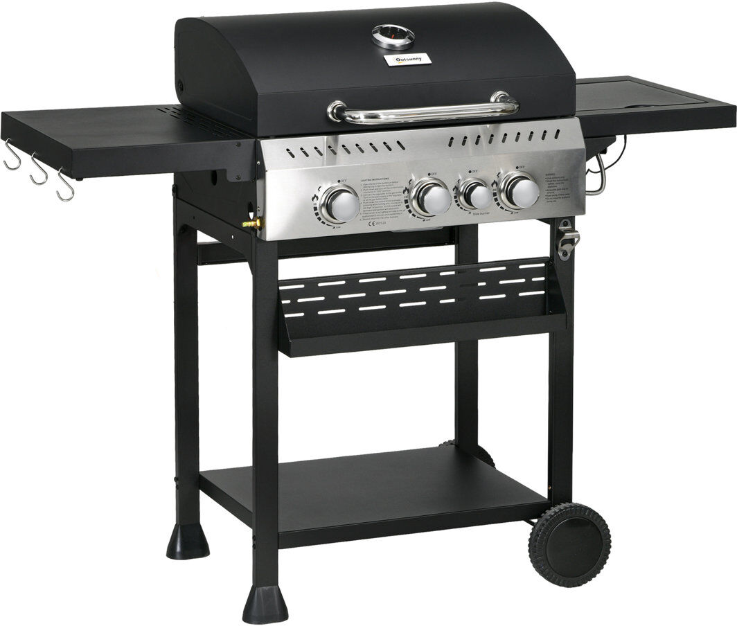 Outsunny 3+1 Gas Burner Grill 11.5 kW with Wheels Warming Rack Black Matte Black;Stainless Steel 3