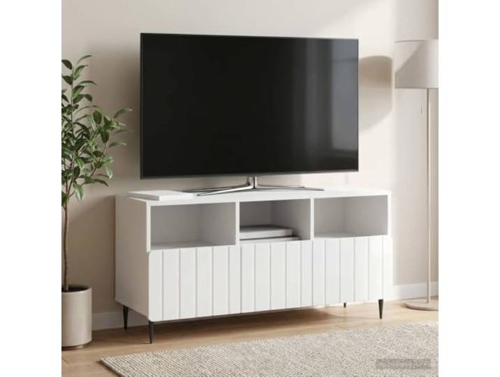 TV-Schrank Hochglanz Weiß 102 x 34,5 x 50 cm Holzwerkstoff mit Schubladen Weiße Hochglanzoberfläche, Holzwerkstoff, Stahlbeine, Schubladen mit Rollenschienen, pflegeleichte Reinigung, Wohnzimmer