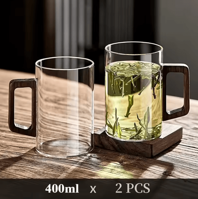 Uplift Curations 400ml Heat Resistant Glass Tea Cup With Walnut Handle Elegant Coffee & Office Drinking Mug 2pcs Transparent