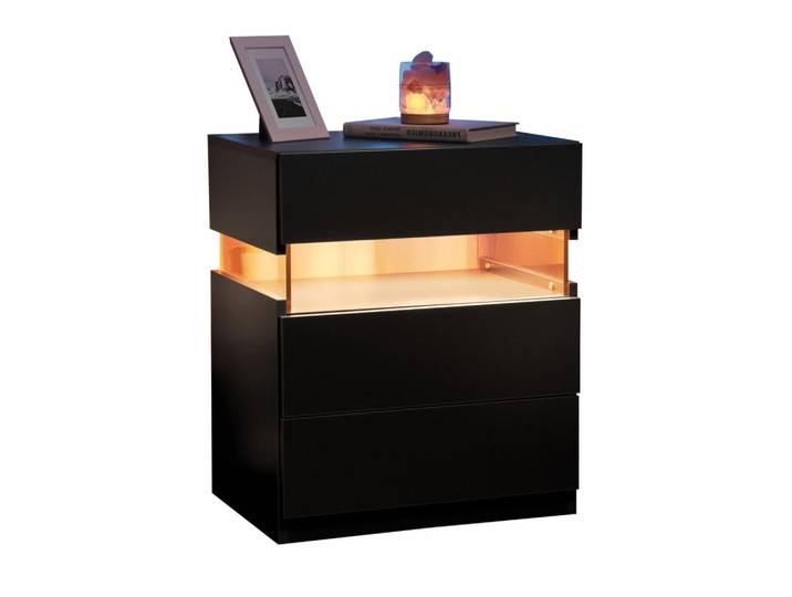 Okwish Nachttisch 48/38/61 cm schwarz aus Holzwerkstoff mit 3 Schubladen, LED und Acrylplatte, Schwarz, Rechteckig,Rechteckig, 38x61x48 cm, Schlafzimmer, Nachtkästchen