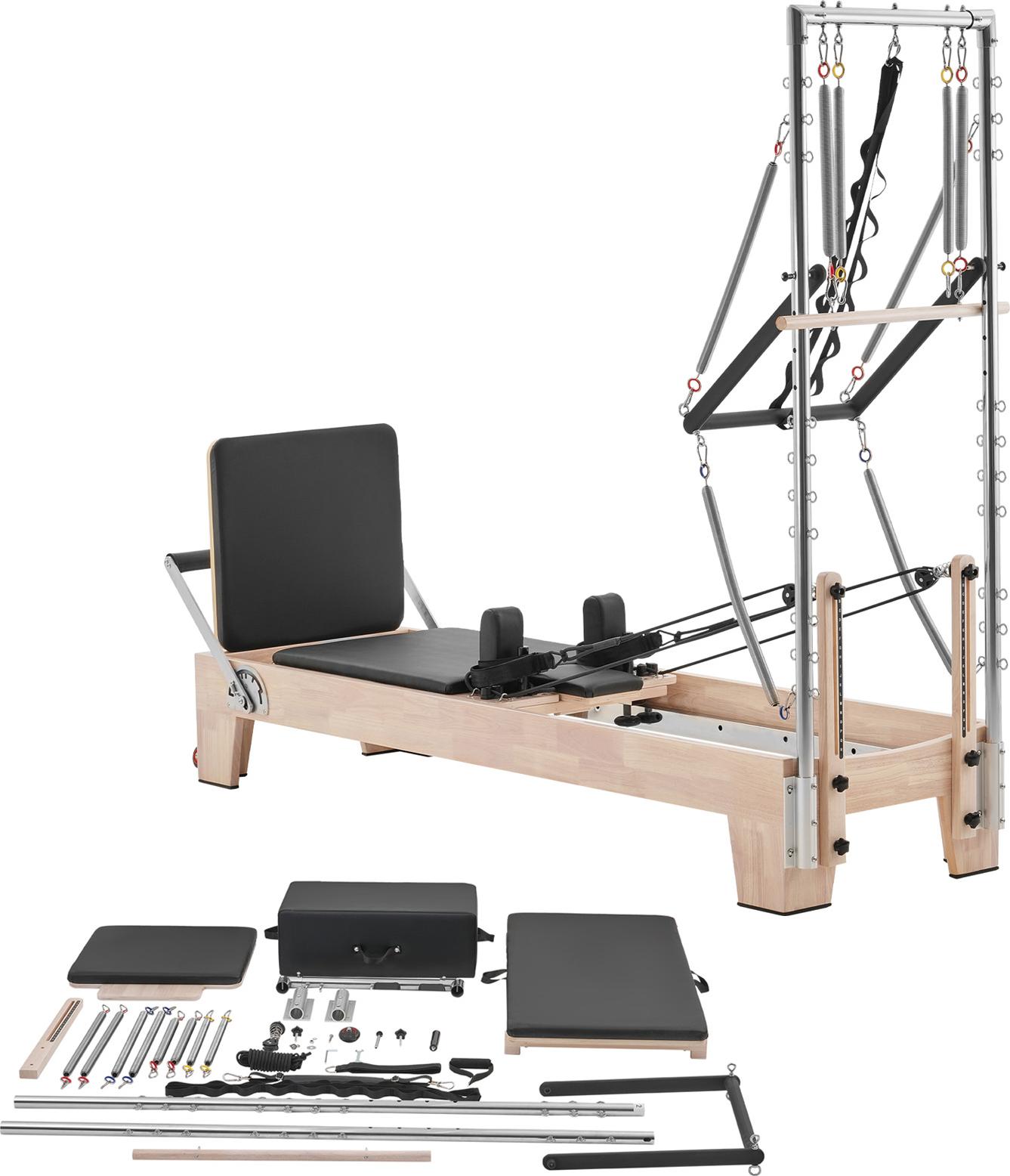 Pilates Reformer Maschine aus Gummibaumholz für Fitnessstudio, Krafttrainingsgerät mit doppeltem Widerstand, Reformer-Box, Sprungbrett, für Fortgeschrittene & Anfänger, biz zu 181,44 kg
