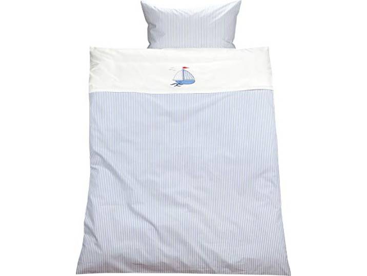 Lorenchen/Lorena Mako-Batist Streifen Kinderbettwäsche Segelboot Schiff Blau Weiß 100% Baumwolle gestreift (135 x 200 cm + 80 x 80 cm)