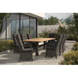 HARTMAN Nova Garten-Essgruppe mit 8 Sesseln, anthrazit/grau, Alu/Polyrattan/Teak, 240 x 100 cm, verstellbare Rückenlehne
