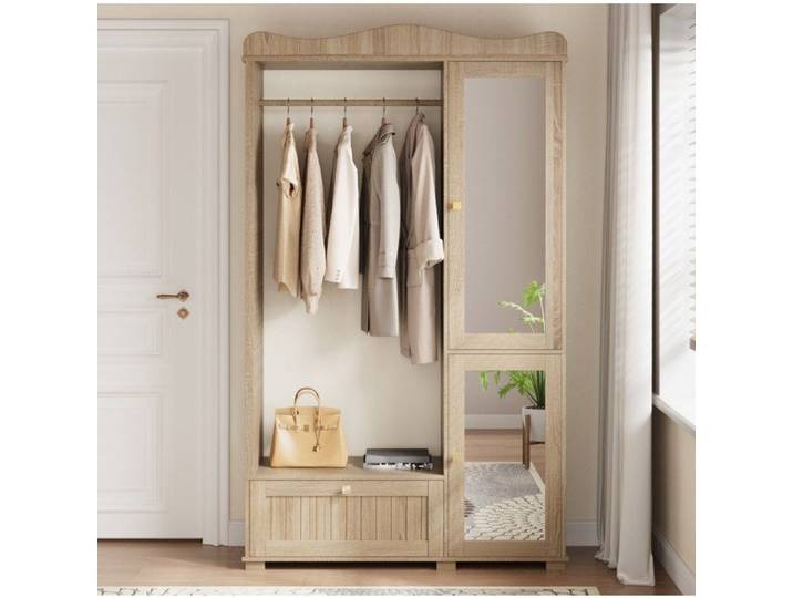 Armoire de chambre AESVAR avec miroir et penderie ouverte 115 5 x 38 5 x 194 5 cm MDF decor chene