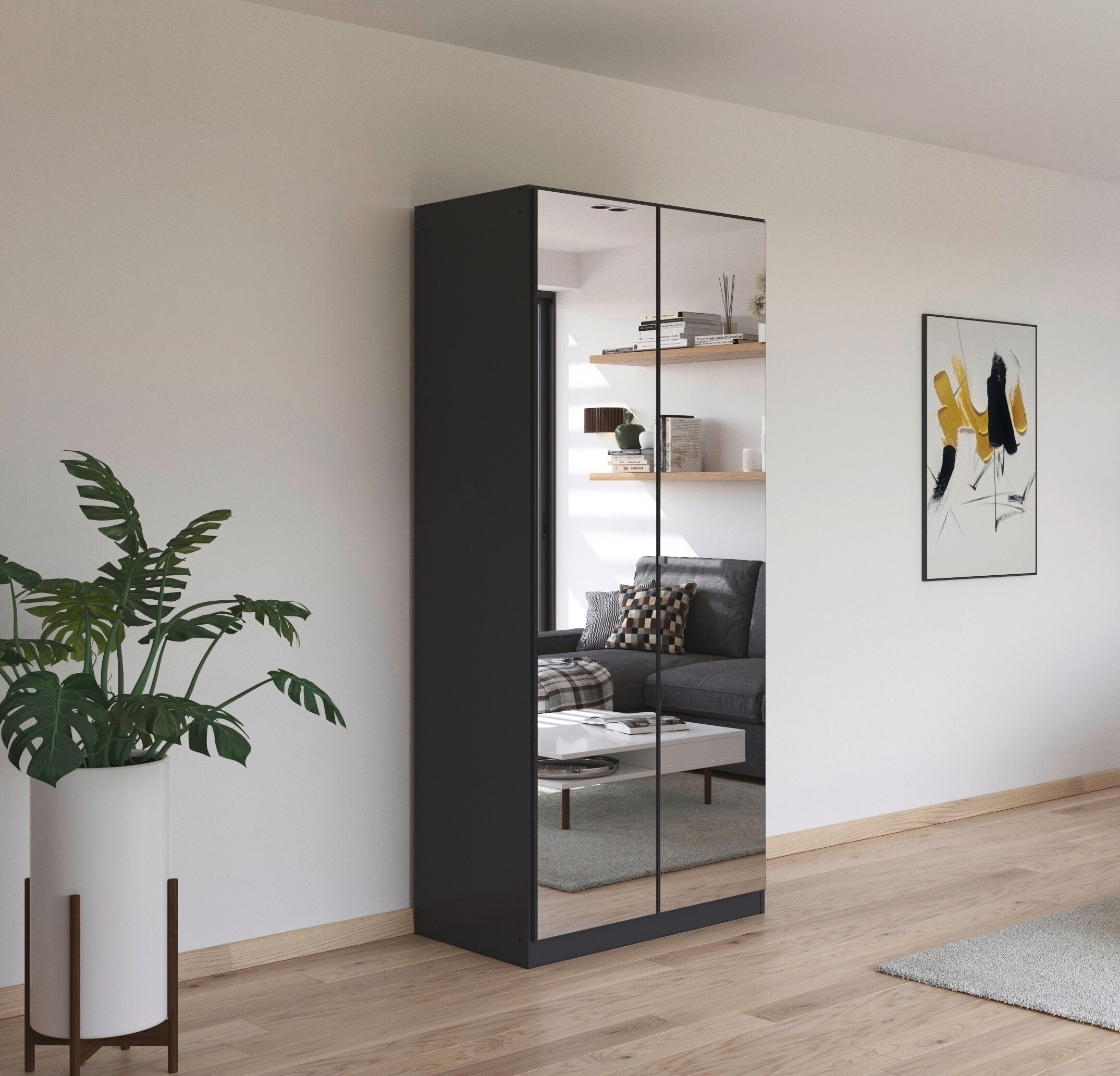 rauch "Reflect" mit Spiegelfront, inkl. praktischer Inneneinteilung und Stoffboxen-Set graumetallic B/H/T: 91cm x 210cm x 54cm