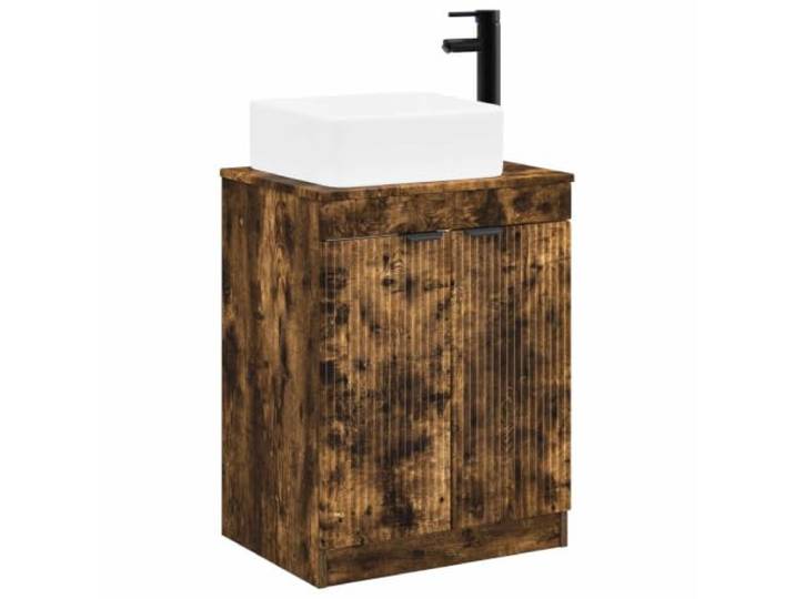 KTHLBRH Badezimmermöbel-Set Eiche Rauchgrau aus Holz mit Waschbecken Ingenieuriertes Holzwaschbecken mit Wasserhahn, 2 Türen, 1 Einlegeboden, 27,9 kg, Montage erforderlich
