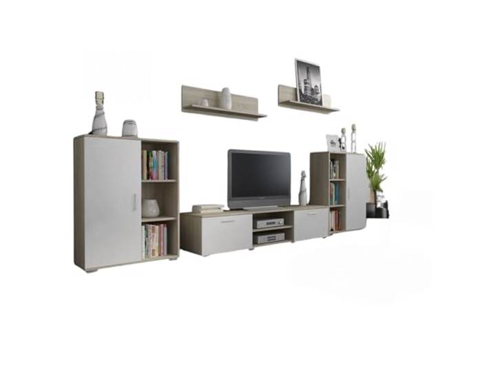 Per la vita Wohnwand Herkules, Schrankwand Wohnzimmer Modern, Wohnzimmerschrank mit Fernsehtisch, Sideboard und Wandregal Wohnzimmer Komplett Möbel - Sonoma/Weiß