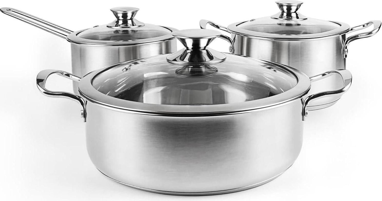 Tieplis 6-delige RVS kookpan set met glazen deksels en koelhandvat voor alle warmtebronnen