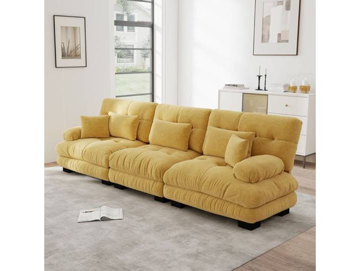 MEUBLIV Canape d angle modulaire 3 places convertible en chenille jaune assise profonde 313 x 77 x 81 cm