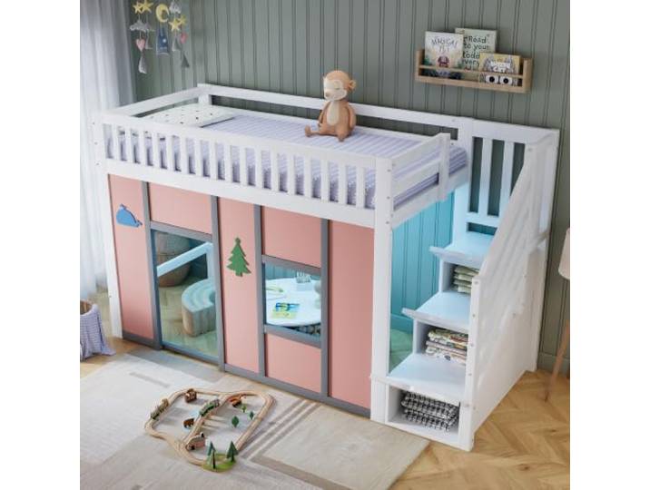 Merax Hochbett 90x200cm, Kinderbett Etagenbett mit flexiblem Freiraum, LED-Lichtleiste und Deko-Motiven, Platzsparendes Stockbett mit Geländer & Lattenrost & Stauraumtreppe, Jugendbett, Weiß & Rosa