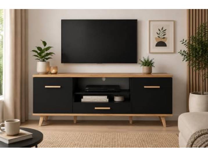 MRBLS_HOME Scandi TV-Lowboard 137x55x36 cm mit 2 Türen und Schublade, TV-Schrank auf Holzfüßen, Schwarz Matt/Wotan Eiche, Fernsehtisch für Wohnzimmer