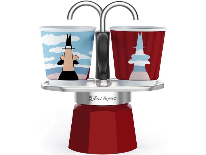 Espressokocher BIALETTI Mini Express Magritte , rot (aluminiumfarben, dunkelrot), 0,09 l, 2, Kaffeemaschinen, Espressokocher, (1 Espressokocher + 2 Espressobecher, 90 ml)