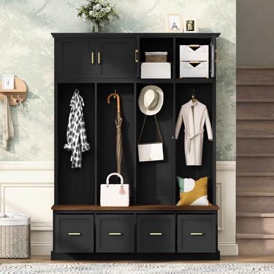 AISWORD Farmhouse Entryway Hall Tree with Coat Hooks, Cabinets, and Drawers