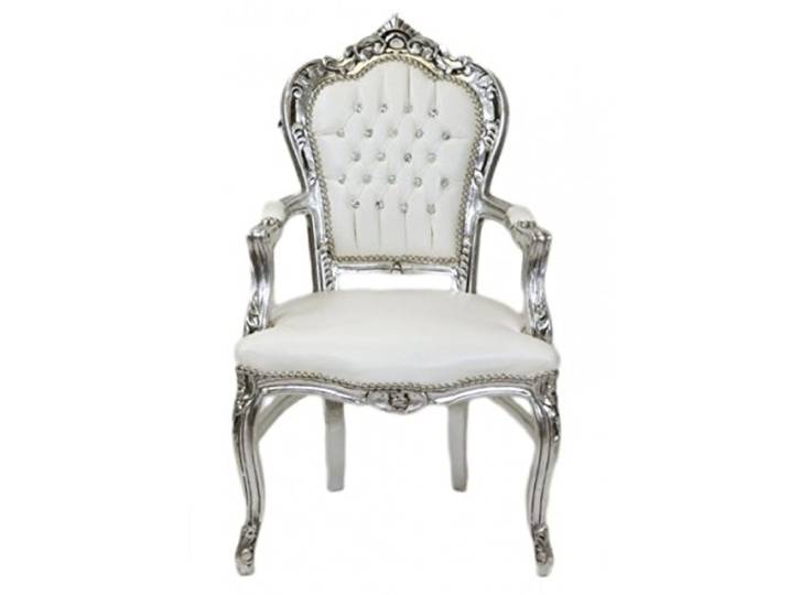 Casa Padrino Barock Esszimmer Stuhl mit Armlehnen weiß/Silber Lederoptik mit Bling Bling Glitzersteinen