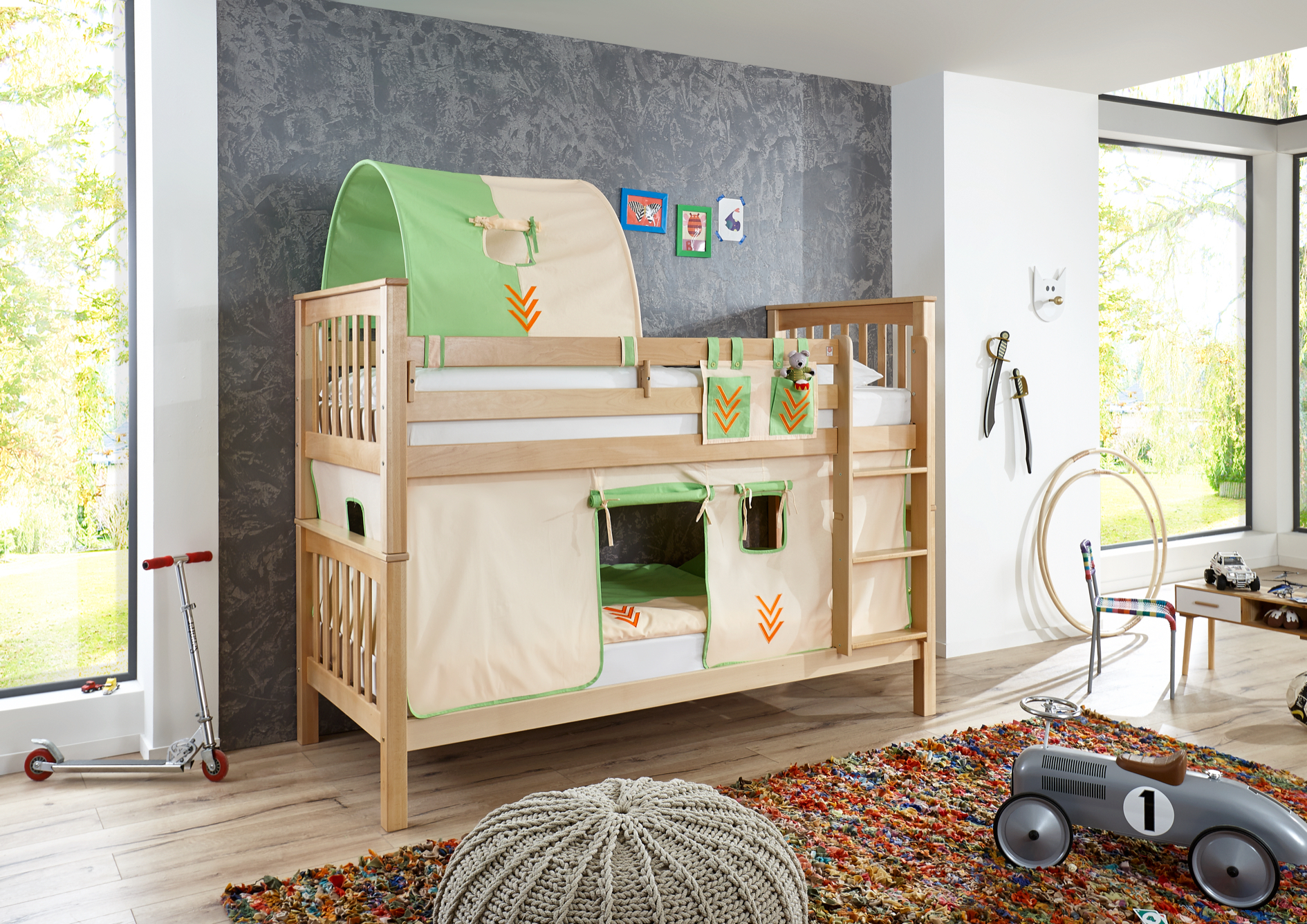 RELITA Etagenbett Kick Buche massiv natur lackiert mit Textilset best. aus Vorhang, 1-er Tunnel und Tasche, Farbe Indianer