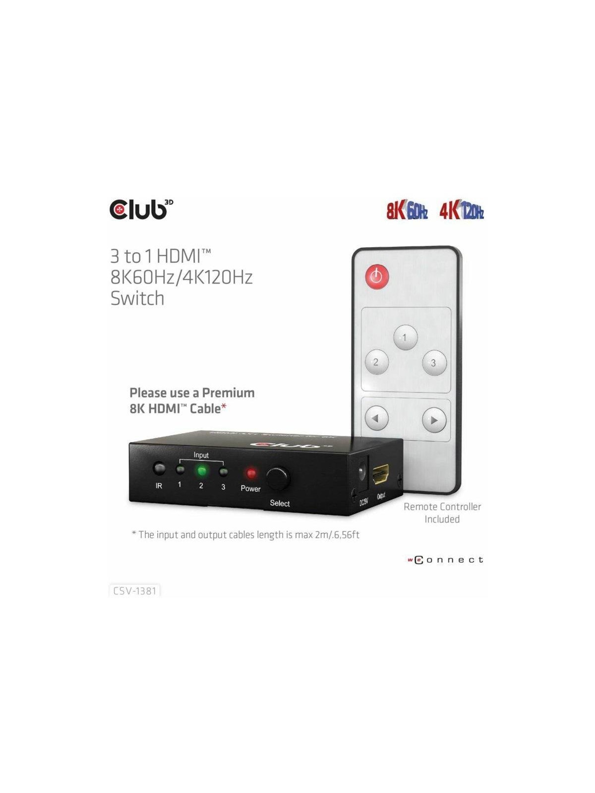 Club 3D CSV-1381 - video/audio switch - 3-to-1 8K 60 Hz/4K 120 Hz - 4 ports