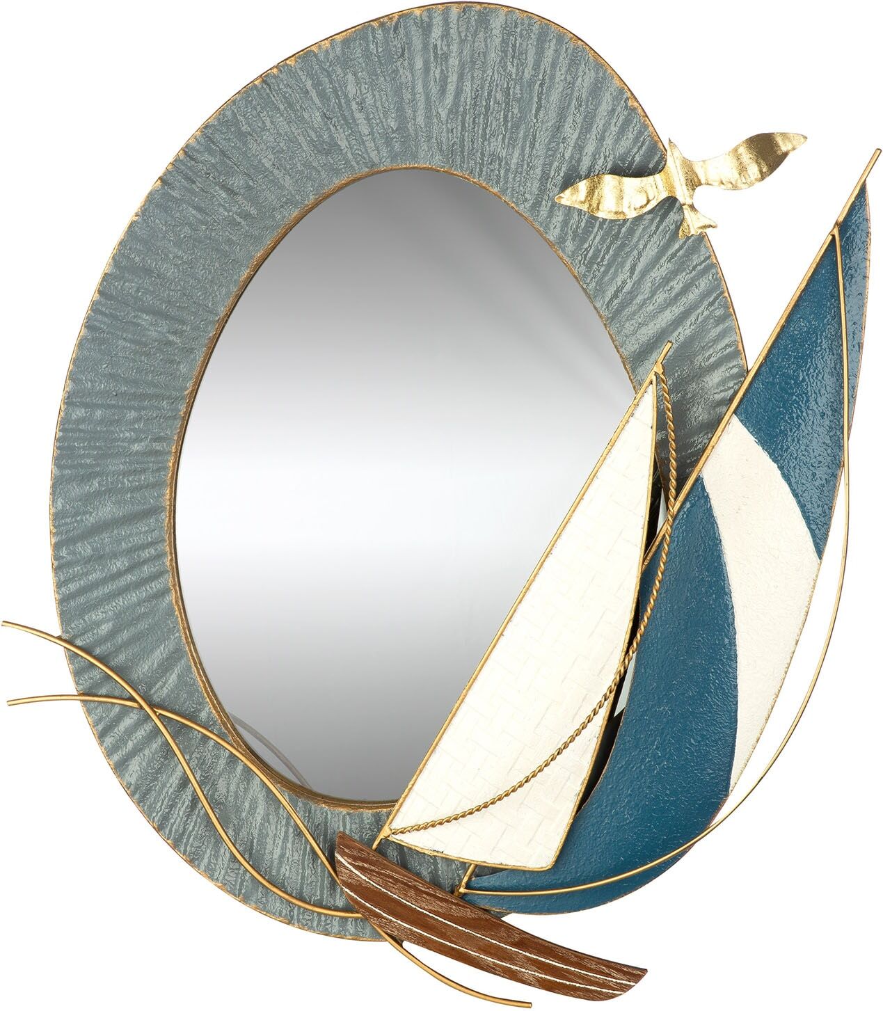 Wandspiegel GILDE "Spiegel Bootstour", blau (blau, weiß, braun), B:54cm H:66cm T:7cm, Metall, Spiegel, Wandspiegel, 2 Aufhängevorrichtungen