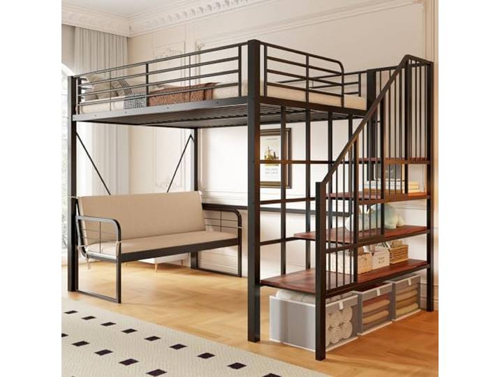 Bellemave Metall-Hochbett 140x200cm mit abnehmbarem Polstersofa, Schwarz Etagenbett mit stabilem Metallrahmen, Stauraum und Sicherheitstreppe, geeignet für Kinder, Jugendliche und Erwachsene