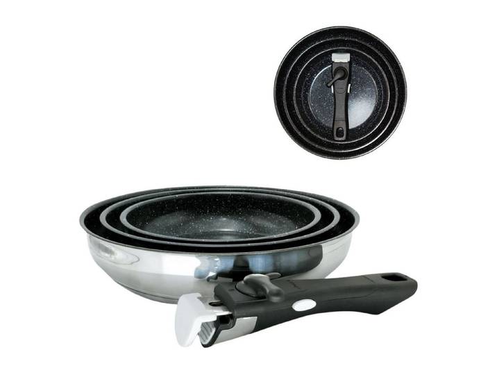 Venteo Pfannen-Set Kitchenpro Pan Inox Pro, Edelstahl (Set, 4-tlg., 3er Set), Pfannen aus Edelstahl mit abnehmbarem Griff & Keramikbeschichtung