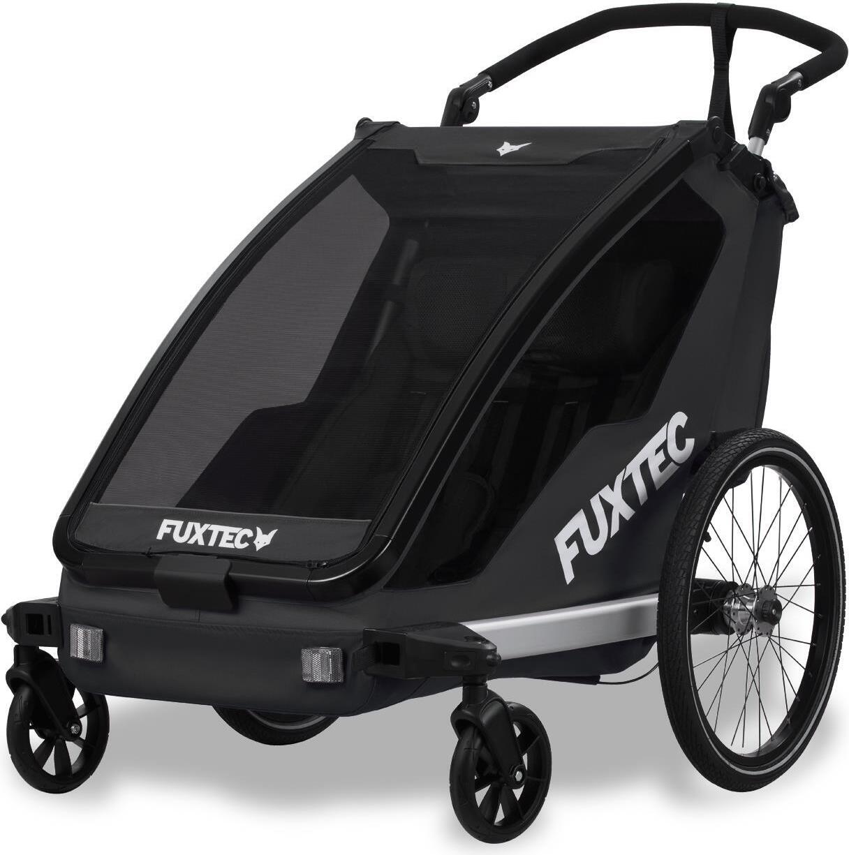 FUXTEC Fahrradanhänger Sportfux Schwarz FX-FA1| 2 Sitzplätze | Hecktasche mit Reflektoren | Schiebegriff | Regen- und Sonnenschutz | faltbar Schwarz