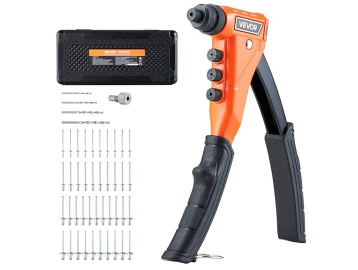 VEVOR Riveteuse Manuelle à Une Main\, Kit d'Outils à Riveter Complet\, pour Métal Automobile Maison\, Pince à Rivet Aveugle avec 200 Rivets\, 4 Embouts Interchangeables\, 4 Forets et Mallette de Transport