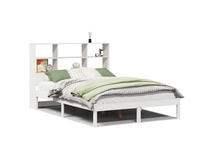 PUGYNBK Bett mit Regal ohne Matratze, Massivholz, Weiß, 160 x 200 cm Lattenrost inklusive, Aufbewahrung im Kopfteil, platzsparend, ideal für kleine Schlafzimmer