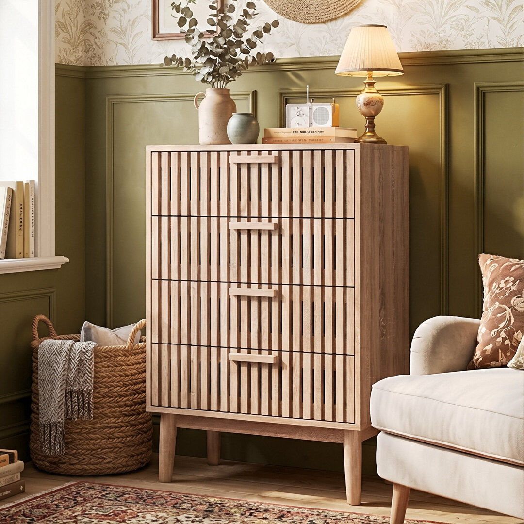 17 Stories 60cm W 4-Drawer Chest with Slatted-Designed Drawers, Narrow Nordic Dresser with Hollow Panels & Tapered Legs, Walnut / Natural Natural 91cm H X 60cm W X 34cm D
