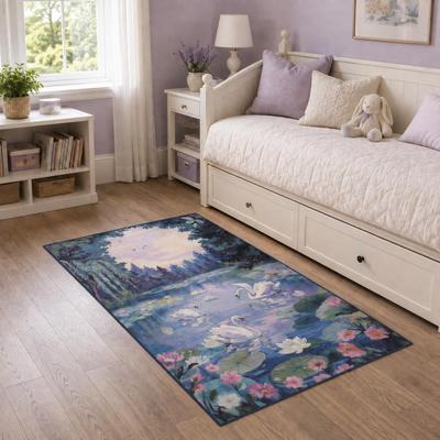 Lee Washable Swan Lake Floral Area Rug, Soft Low-Pile Non-Slip Indoor Rug