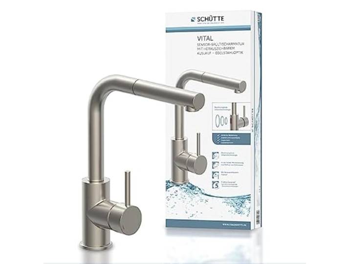 SCHÜTTE 99705 VITAL Sensor-Spültischarmatur Küche, Küchenarmatur mit ausziehbarer Brause, automatischer Wasserhahn mit Sensor, Mischbatterie Spüle, berührungslose Infrarot-Armatur Edelstahl