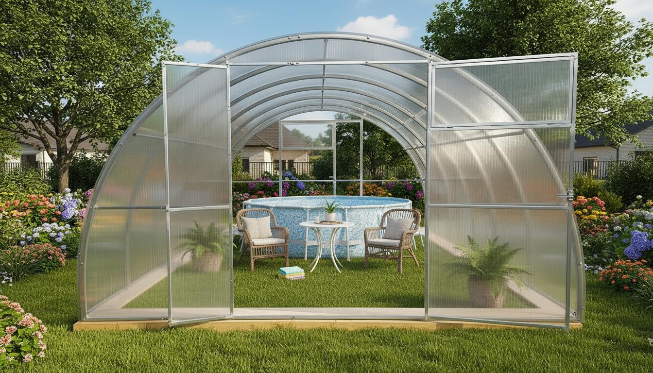 Poolabdeckung "Mirella" von Garten Dream. 3.5x4M mit 4mm polycarbonate Ganzjährige Nutzung. Schnee- und winddicht. Türen auf jeder Seite. Rostschutz