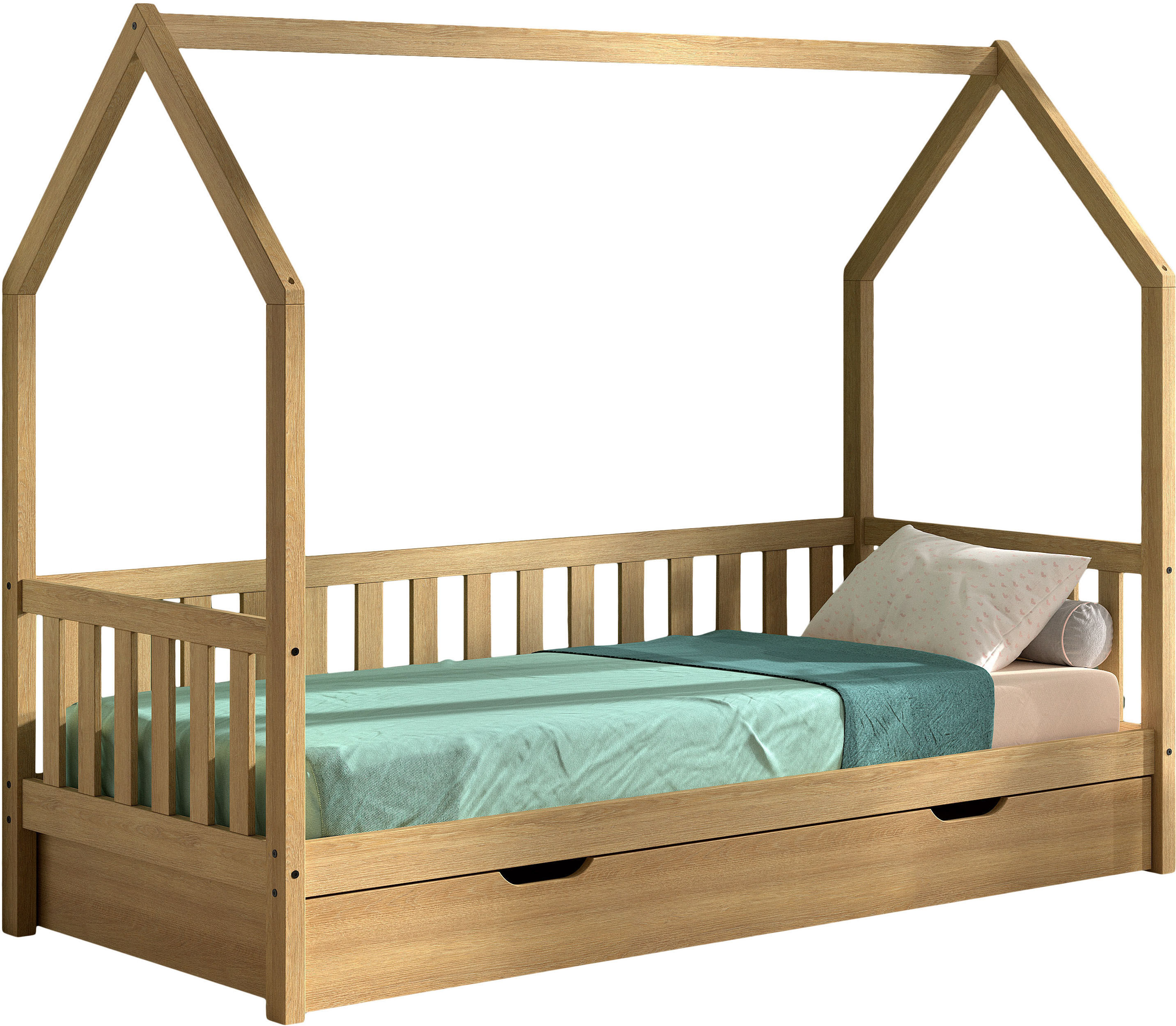 Hausbett VIPACK "Cabane, mit Dachaufbau, Bettschublade auf Rollen u. Sprossenumrandung", braun (eiche natur, eiche natur, eiche natur), B:98cm H:169cm L:208cm, Betten, Hausbett, sehr stabil und standfest gebaut inkl. Massivholz Rolllattenrost