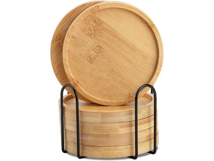 Untersetzer Bambus 6er Set rund mit Halter 11 cm, Braun, Naturmaterialen, 11x11 cm, Gläser, Untersetzer
