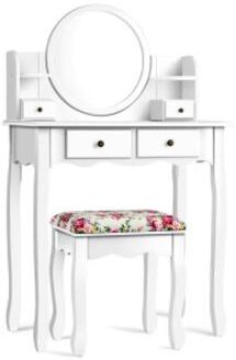 Costway Makeup Vanity Table Set Girls Dressing Table with Drawers Oval Mirror-White