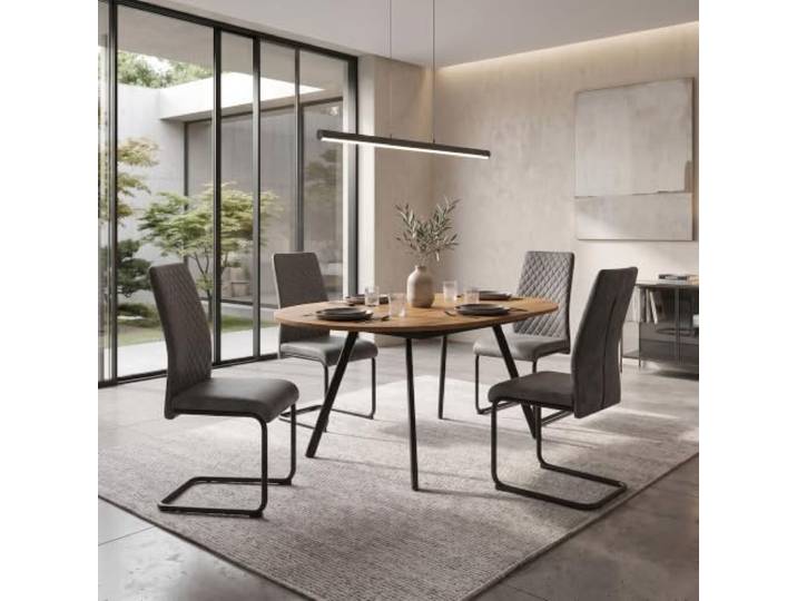 B&D home Essgruppe Till & Theo für 4-6 Personen, ausziehbarer runder Esstisch Ø115-145x115x76 cm mit 4 Freischwinger Stühlen, Modern Industrial Design (Eiche/Anthrazit)