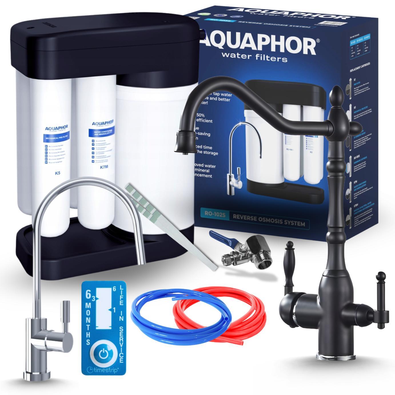 Aquaphor Morion Ro100S Umkehrosmoseanlage Mit Ari Retro 2 3-Wege-Küchenarmatur Schwarz, 5 L Tank, 375 L/Tag Wasserfilter