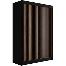 KLEIDERSCHRANK mit Lamel-Schiebetüren VILANv2 - 120 cm Schwarz + Lamelle Eiche Wotan