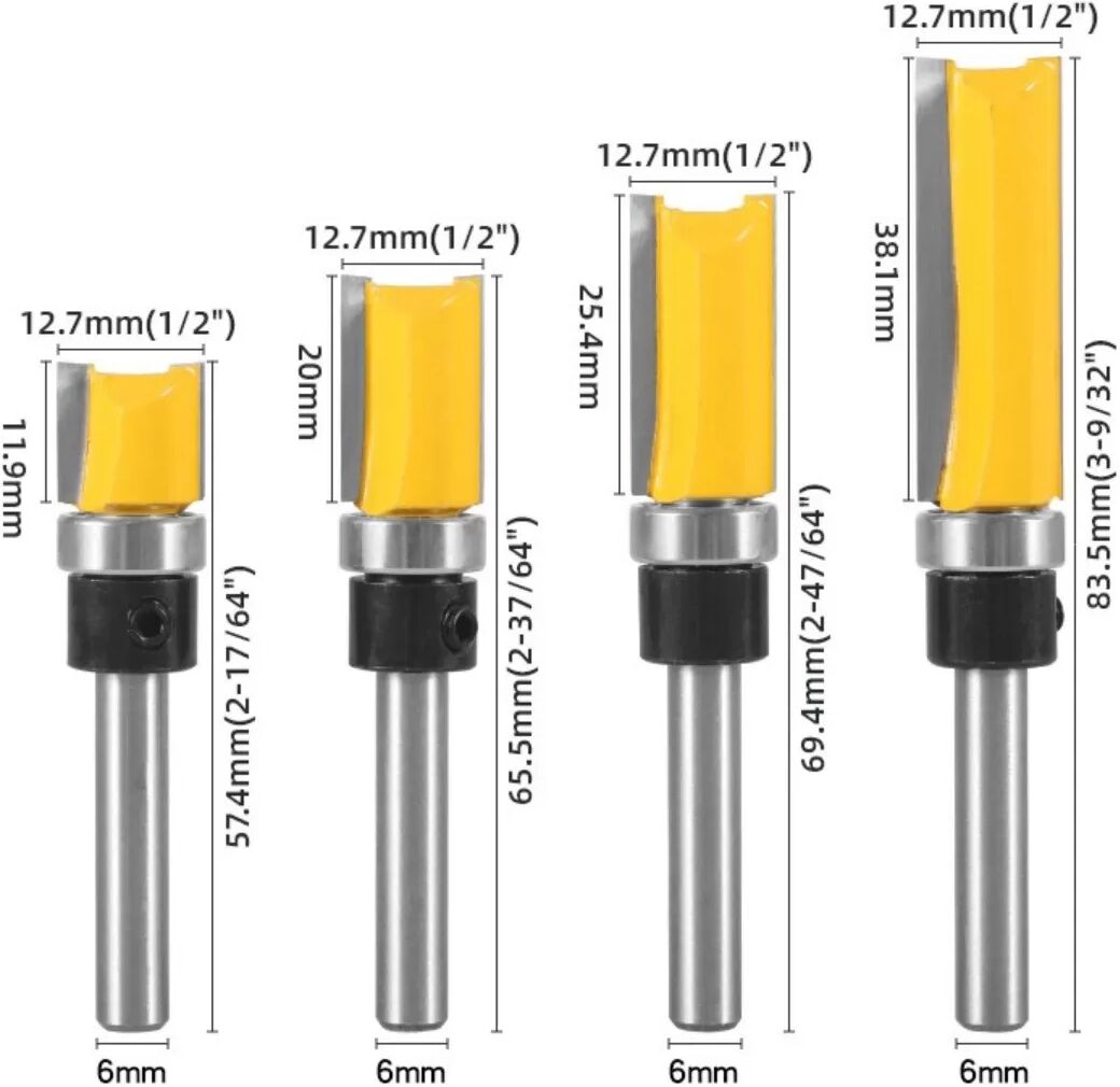 INF Fräserset zum bündigen Fräsen 4 Stk. - Hochkohlenstoffstahl, Top-Lager, Gerade Fräser 6 x 1.27cm