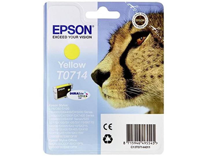Epson T0714 Guépard Jaune\, Cartouche d'encre d'origine\, D78 D120 DX4000 DX5000 DX6000 DX7400 DX8400 DX9400F S20 S21 SX100 SX105 SX110 SX200 SX210 SX215 SX400 SX410 SX510W SX600FW BX300F B40W BX600FW
