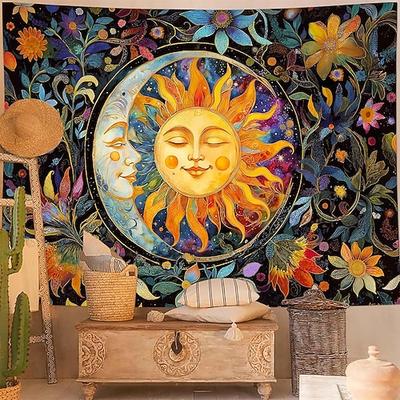 Wandteppich mit Sonnen- und Mondphasen, Pilz- und Kristallmotiven, Cottagecore-Ästhetik, Hexen-Zimmerdeko, Yoga-Meditation, Wohnkunst, Stoffposter