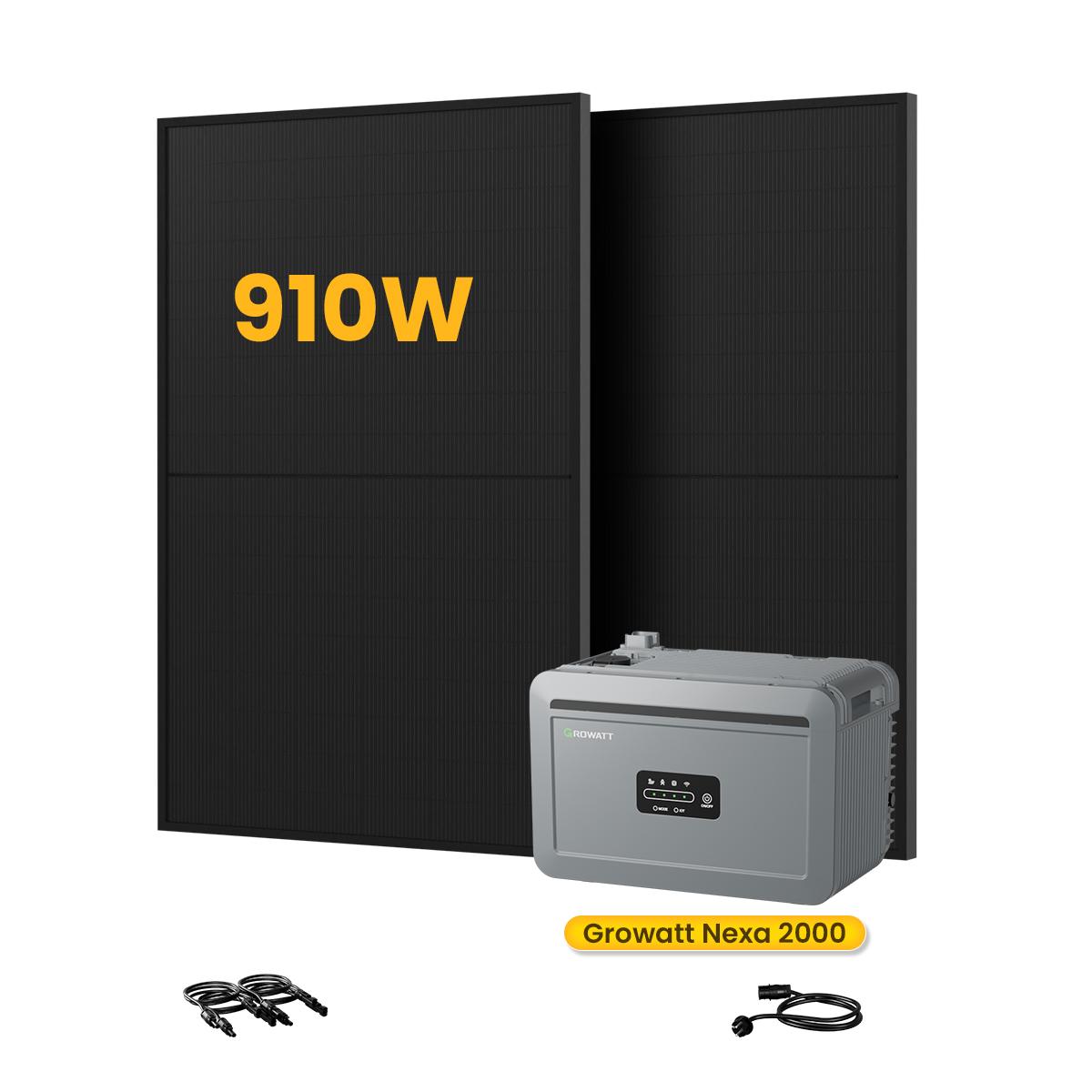 Powerness Balkonkraftwerk mit Speicher, Growatt NEXA 2000 All-in-One 2048Wh Speicher mit 2x Astronergy 455W Full Black Bifazial Solarmodule (0% MwSt)