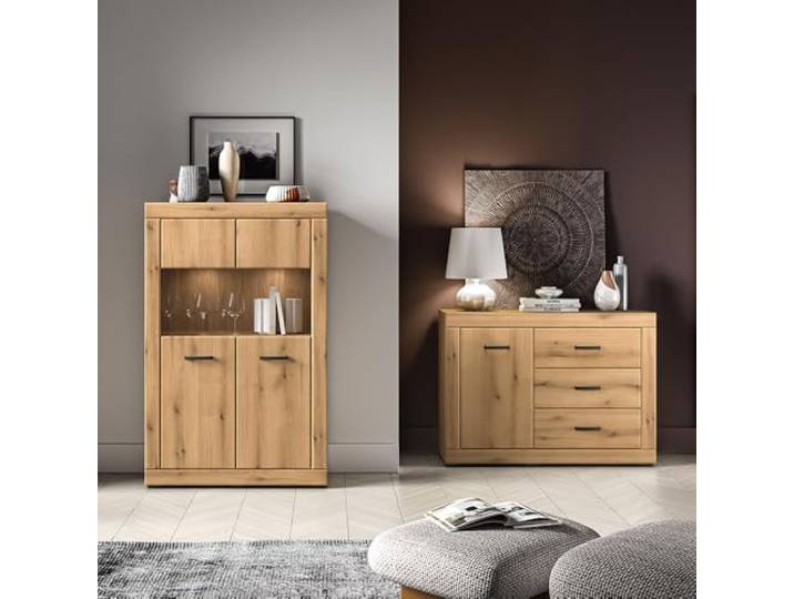 Lomadox Wohnzimmer-Set in Eiche modern mit Highboard & Kommode, inkl. LED-Beleuchtung, 2-teilig