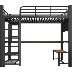 OKWISH Hochbett Metall Schwarz 204x145x180 cm, 140x200 cm Liegefläche, mit LED-Beleuchtung, Schreibtisch, Ablagen und Kleiderstange