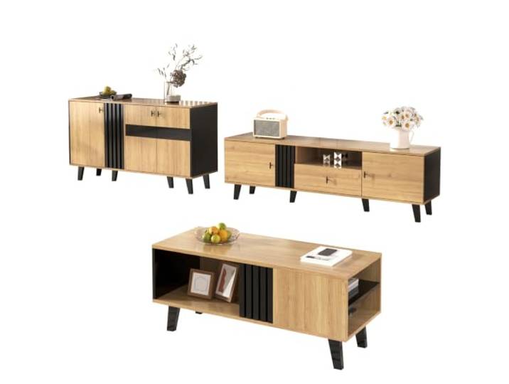 XINGNING Couchtisch mit Schubladen und Stauraum (Black + Wood + Glass + Particle Board-1)
