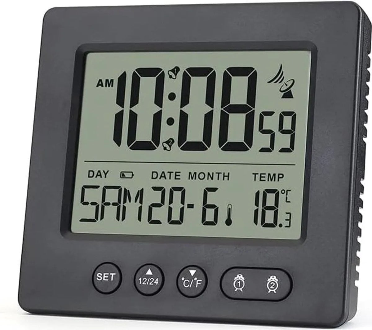 Digitale radiogestuurde wekker met temperatuurweergave en 2 alarmtijden, zwart