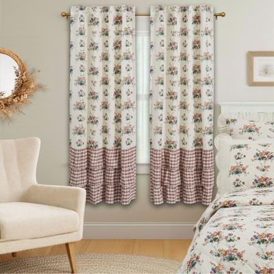 VHC Brands Rosehill Cottage Floral & Gingham Ruffled Cotton Short Panel Curtain Set - 36x63 Dusty Rose & Natural Window Drapes